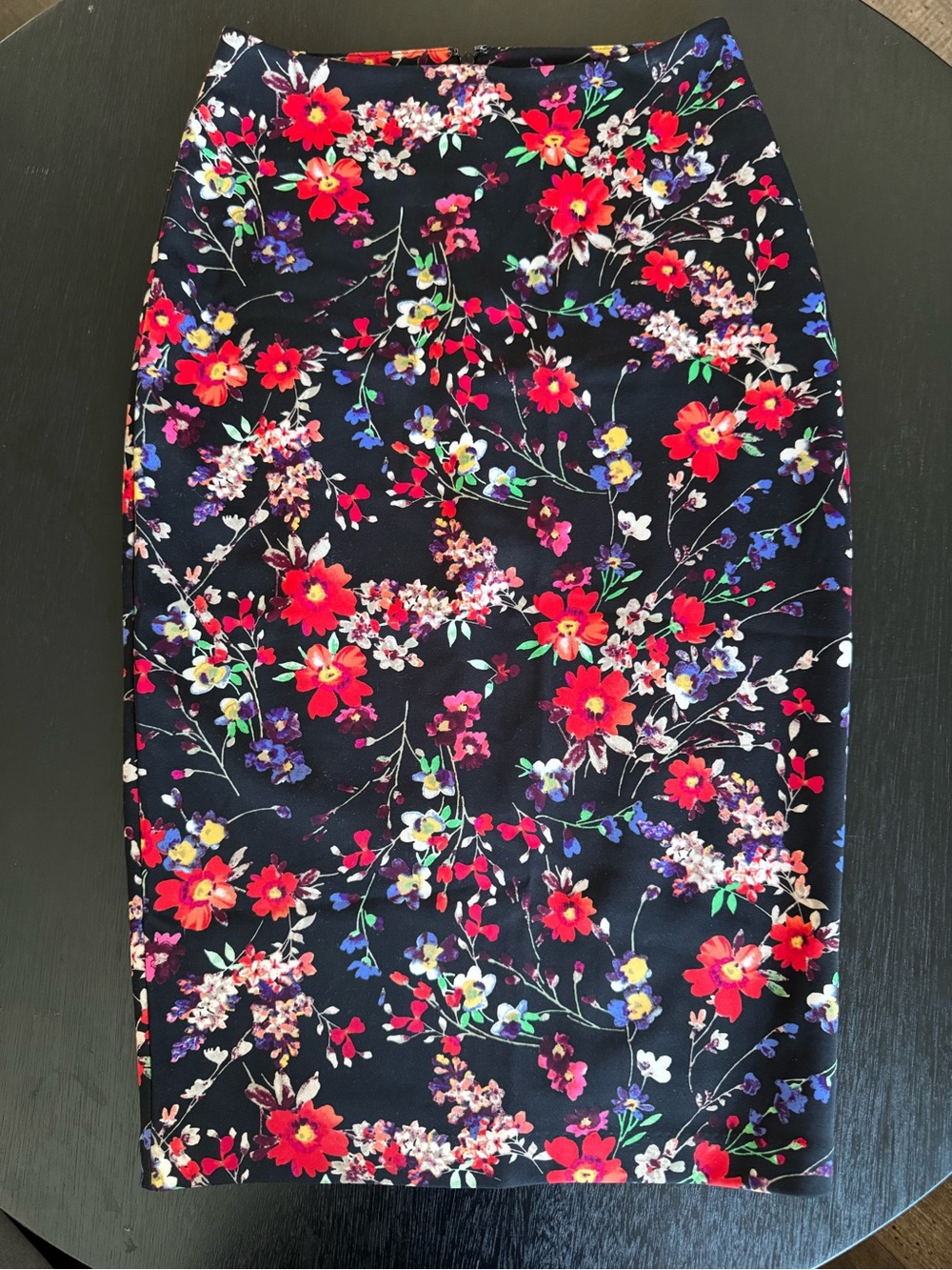 Express Black Pencil Skirt with Red Floral Print